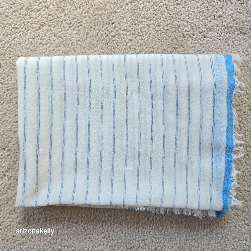 J. Crew Wool Scarf Lightweight White with Blue Stripes - Picture 2 of 13